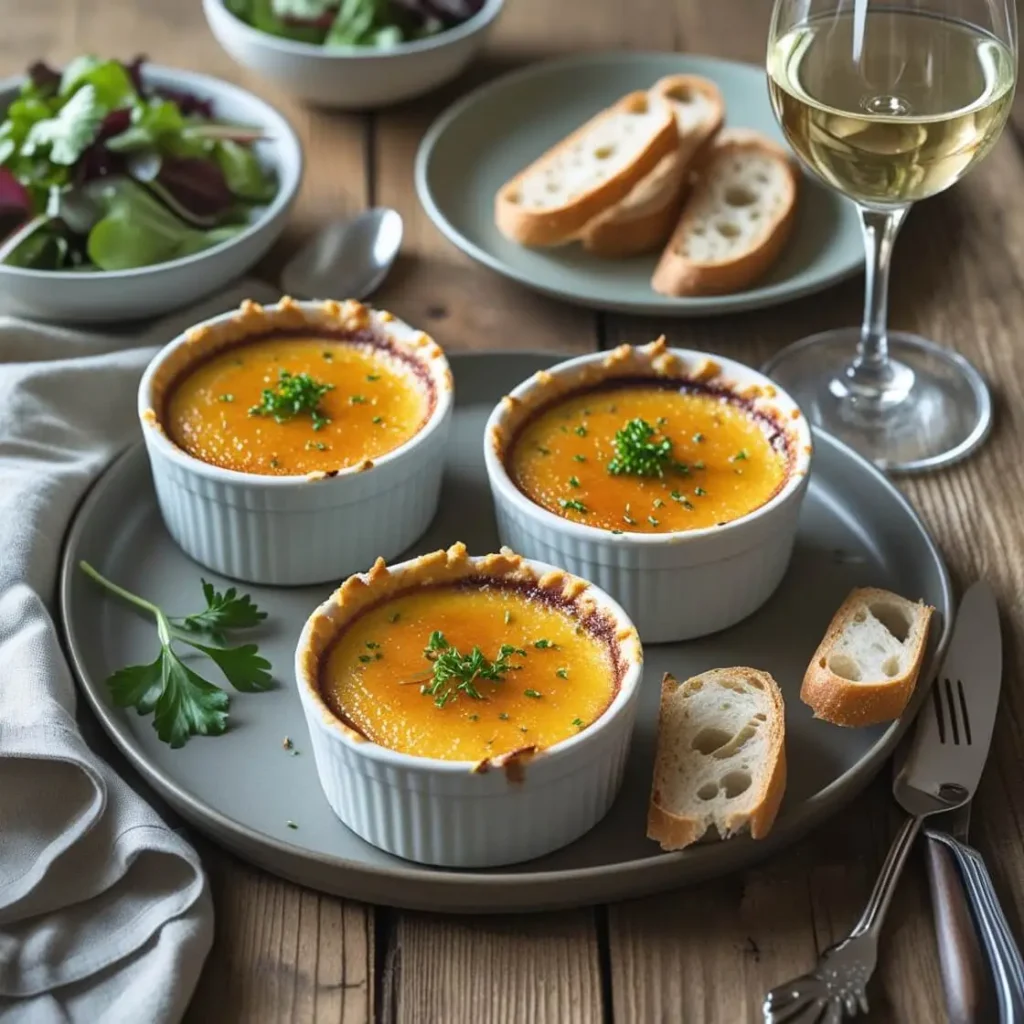A beautifully plated crab brulee in a white ramekin, topped with a golden crust, garnished with fresh herbs, and served with crusty bread and a glass of white wine on a wooden table