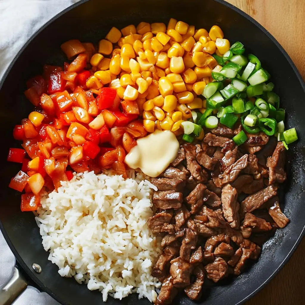 A vibrant skillet featuring the key ingredients for a Pepper Lunch dish. The layout includes a portion of steamed white rice, seared beef slices, sweet corn kernels, diced red bell peppers, chopped green onions, and a dollop of creamy butter in the center. Each ingredient is neatly arranged, showcasing their fresh and colorful appeal, ready to be mixed and cooked for a sizzling meal