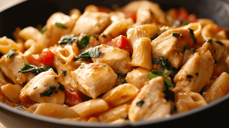 Marry Me Chicken Pasta You'll Fall in Love With "Close-up of Marry Me Chicken Pasta featuring tender seared chicken chunks, creamy sauce, penne pasta, fresh spinach, and sun-dried tomatoes in a skillet."