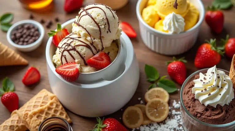 Ninja Creami Recipes – 7 Creamy Desserts You’ll Love Ninja Creami machine surrounded by creamy desserts like vanilla ice cream with strawberries, mango sorbet in a waffle cone, and chocolate gelato with cookies. Fresh ingredients like fruit and chocolate chips are scattered around, showcasing homemade frozen treats.