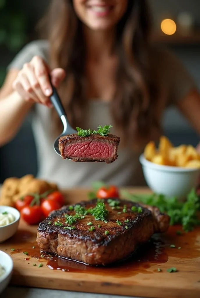 Beef chuck eye steak served medium-rare, garnished with fresh parsley, paired with vibrant sides like cherry tomatoes and fries, held by a smiling chef