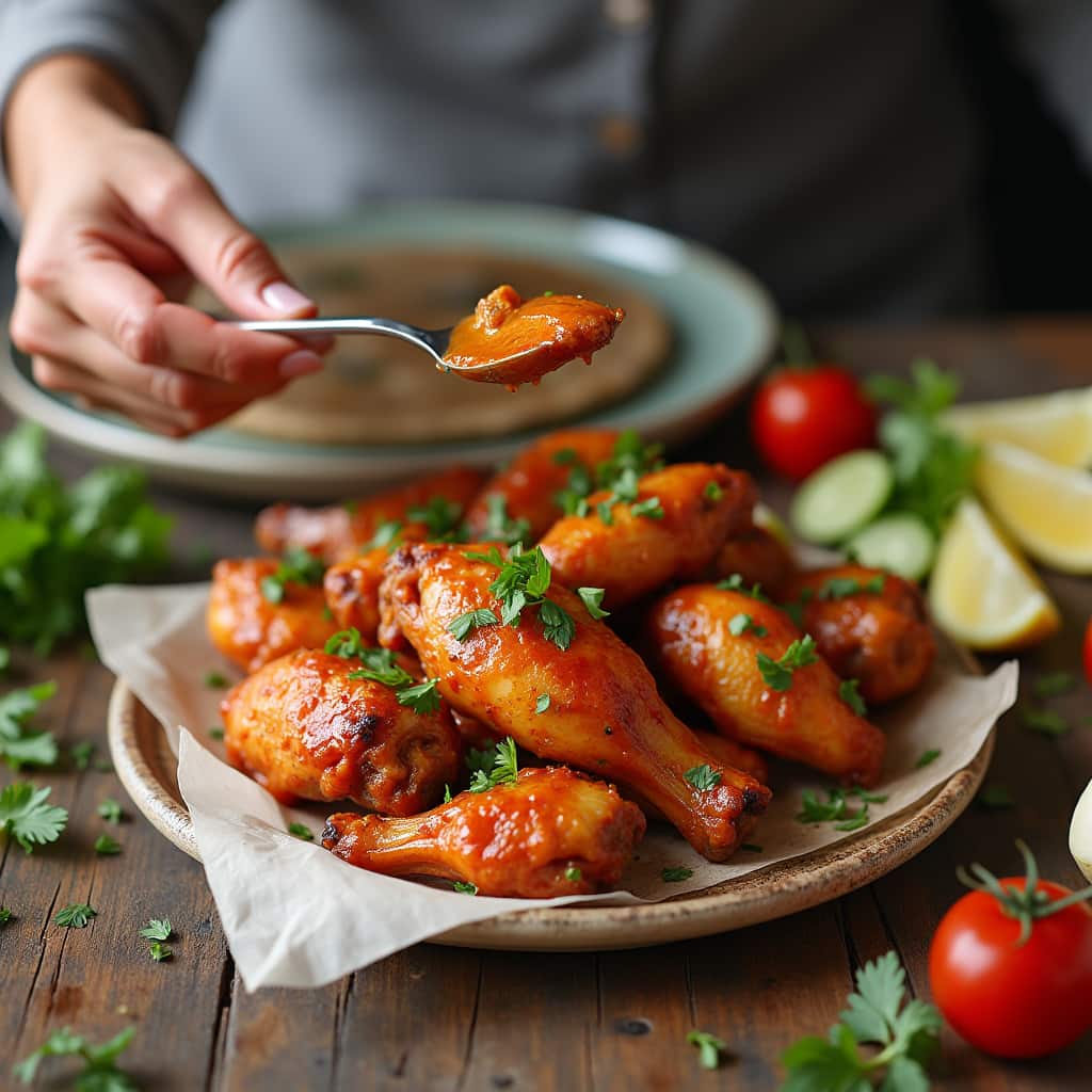Close-up of a woman serving glazed chicken wings garnished with cilantro and lemon wedges, with a forkful of wing ready to be enjoyed