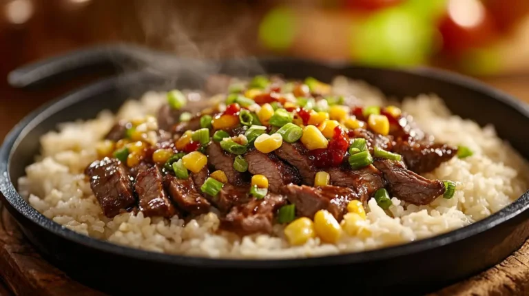 Pepper Lunch Recipe (Sizzling Beef Pepper Rice) A close-up of a sizzling Pepper Lunch dish featuring tender beef slices, sweet corn kernels, and spring onions on a bed of fluffy white rice, served on a hot skillet