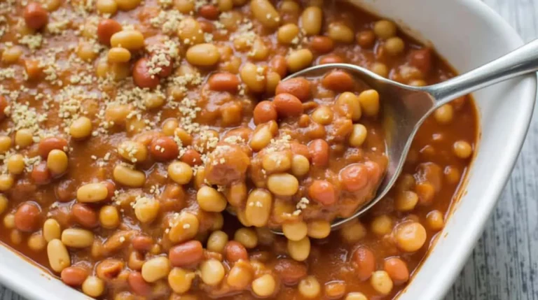 Baked Beans Recipe for the Ultimate Feast A close-up of baked beans in a rich, smoky tomato sauce, served in a white ceramic dish with a spoon scooping the beans, highlighting this homemade baked beans recipe
