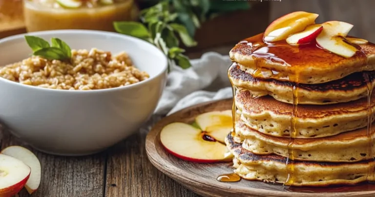 Apple Breakfast Recipes You’ll Love in the Morning Delicious apple breakfast recipes featuring apple cinnamon oatmeal and fluffy pancakes topped with apple slices and maple syrup.