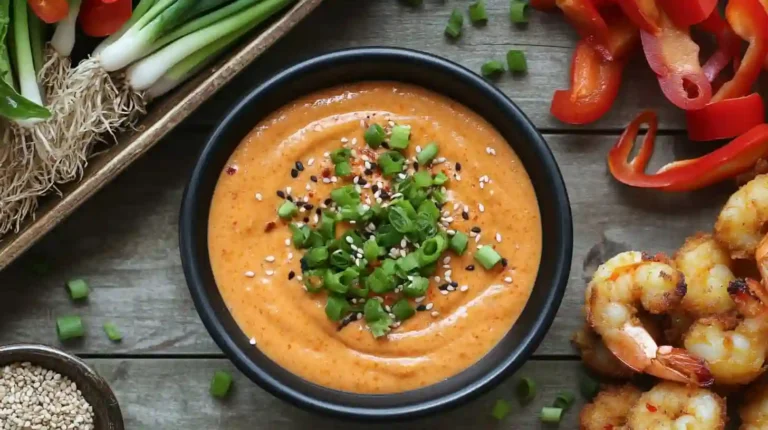 Ultimate Bang Bang Sauce Recipe (So Easy!) A close-up of a creamy bowl of Bang Bang Sauce, topped with chopped green onions, sesame seeds, and a sprinkle of chili flakes, served with crispy shrimp and fresh vegetables.