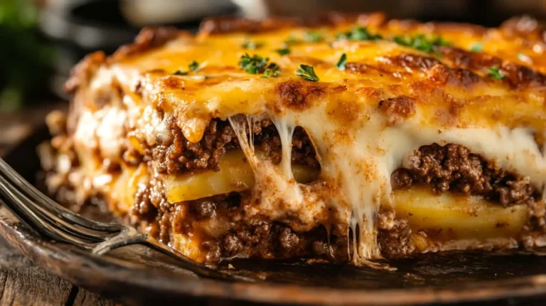 Cheesy Hamburger Potato Casserole: 5 Easy Steps Close-up of a Cheesy Hamburger Potato Casserole with melted cheese, savory beef, and layers of tender potatoes