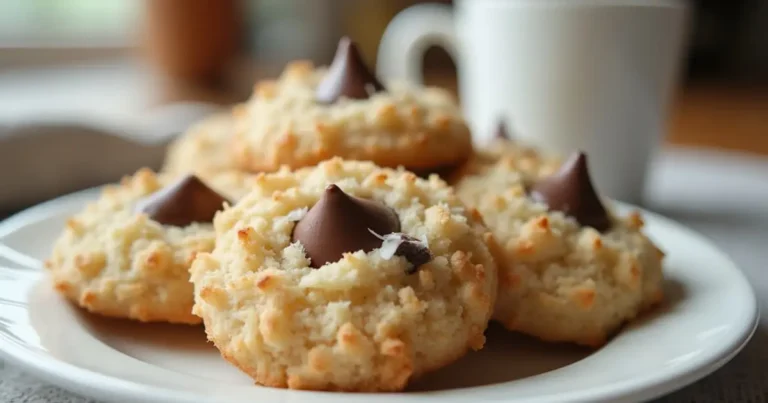 Coconut Cookies Recipe – Perfect Every Time Freshly baked coconut cookies on a white plate, topped with coconut flakes and chocolate chips, showcasing a cozy atmosphere