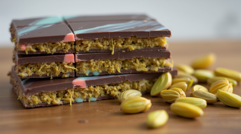 Dubai Chocolate Recipe: How To Make The Best Emirati Dessert A stack of Dubai-inspired chocolate bars with a crispy golden filling, topped with marbled chocolate, placed on a wooden surface with fresh pistachios scattered around.