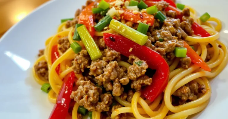 Ground Beef Noodle Recipe: 5 Quick and Easy Ways to Make It Ground Beef Noodle Recipe featuring tender noodles, savory ground beef, colorful bell peppers, and fresh green onions, garnished with sesame seeds.
