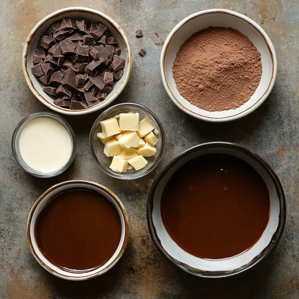 A neatly arranged flat-lay of ingredients for a Chocolate Gravy Recipe, including bowls of unsweetened cocoa powder, chopped chocolate, heavy cream, cubed butter, and chocolate sauce. The rustic, textured background emphasizes the richness and simplicity of the recipe.