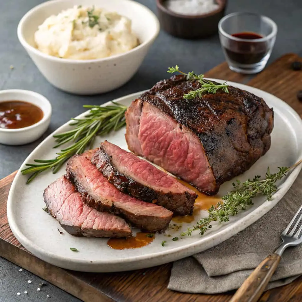 Perfectly roasted ribeye roast sliced and served on a cutting board with fresh herbs