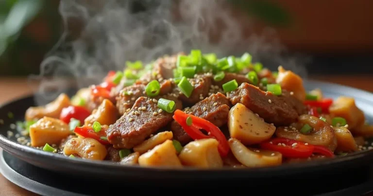 How To Make A Delicious Pepper Lunch Recipe In 10 Minutes A sizzling plate of homemade Pepper Lunch featuring tender beef, sautéed vegetables, and garnished with green onions and sesame seeds.