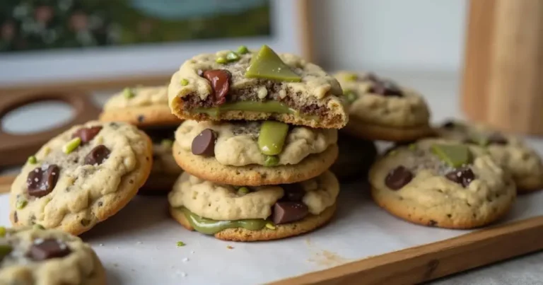 Pistachio Cream Cookies A tray of freshly baked pistachio cream cookies with visible pistachio cream filling and crushed pistachios on top, warm and golden brown
