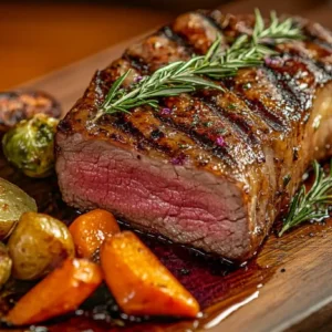 A perfectly cooked ribeye roast recipe with a golden-brown crust, tender pink interior, and garnished with rosemary, accompanied by roasted potatoes and carrots.