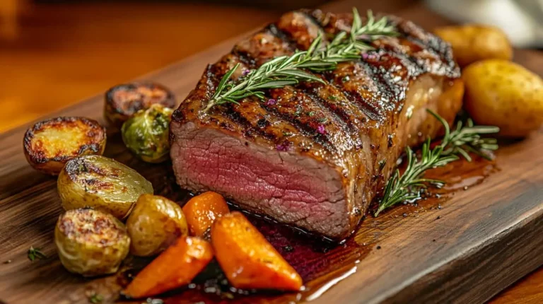 Juicy Ribeye Roast Recipe (Perfect Every Time!) A perfectly cooked ribeye roast recipe with a golden-brown crust, tender pink interior, and garnished with rosemary, accompanied by roasted potatoes and carrots.
