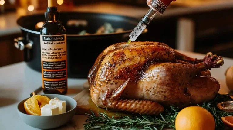 The Best Turkey Injection Recipe: 7 Secrets for Perfection A whole turkey being injected with a flavorful marinade as part of a Turkey Injection Recipe, with fresh herbs, citrus, and butter in a cozy kitchen setting.