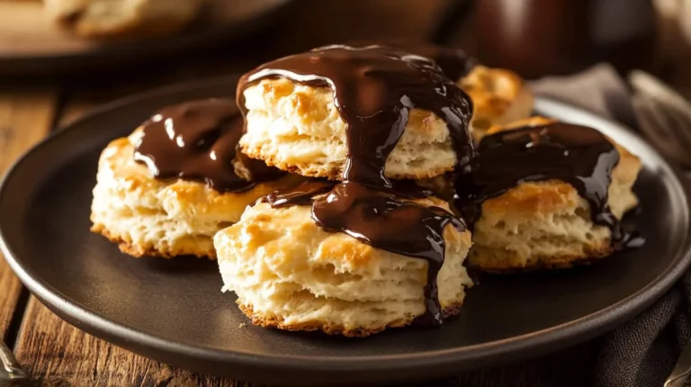 How to Make the Best Chocolate Gravy Recipe in 10 Minutes Flaky homemade biscuits drizzled with rich, glossy chocolate gravy recipe, served on a rustic black plate