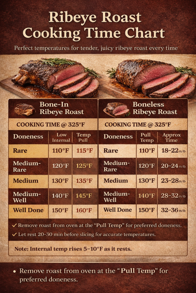 ribeye roast cooking time chart infographic for bone-in and boneless roast