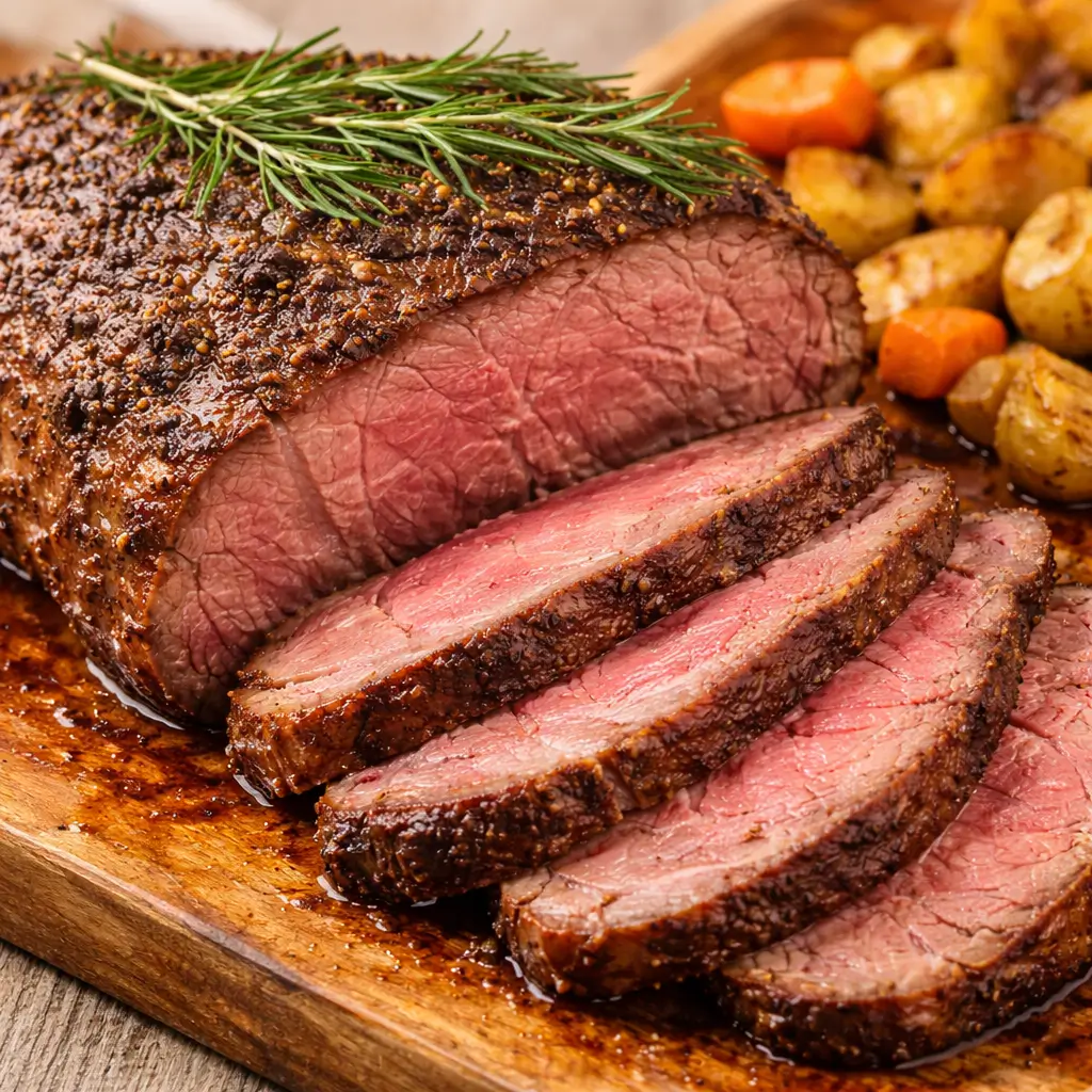 juicy ribeye roast sliced medium rare with crispy crust and roasted vegetables