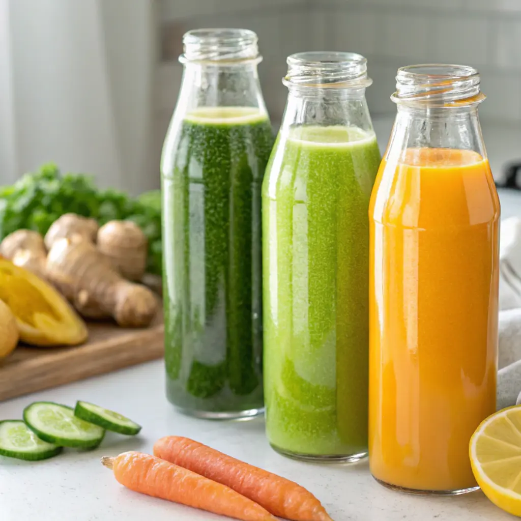 Bottles of fresh detox juice including green juice and citrus blends, perfect for a 3-day juice cleanse recipe. Healthy juice cleanse with lemon and greens.