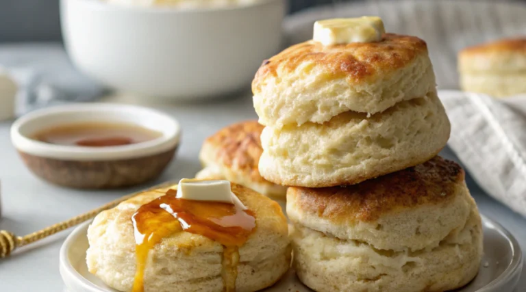 3 Ingredient Biscuit Recipe For Quick And Fluffy Joy Close-up of homemade 3-ingredient biscuits recipe with a flaky texture on a white plate, featuring butter melting on top.