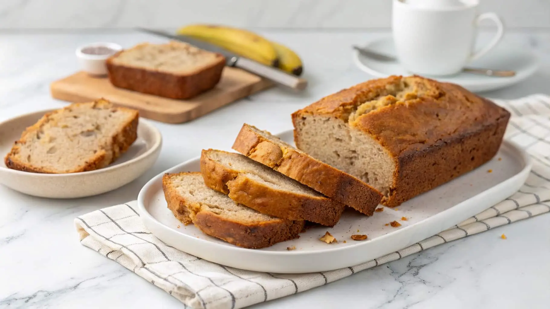 Simple 4 ingredient banana bread recipe with ripe bananas, flour, sugar, and eggs