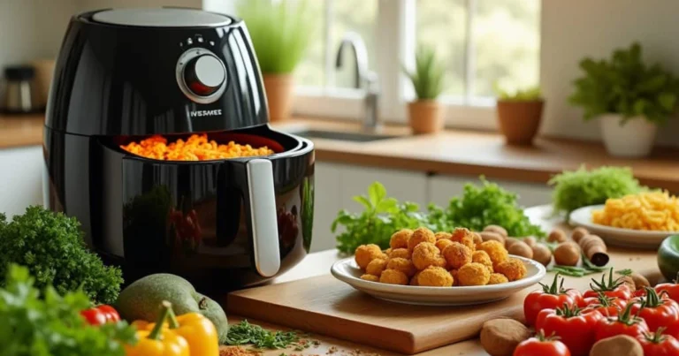 Air Fryer Delicacies: Simple and Tasty Recipes for Beginners A modern kitchen with fresh vegetables, herbs, and an air fryer on the countertop, ready for cooking