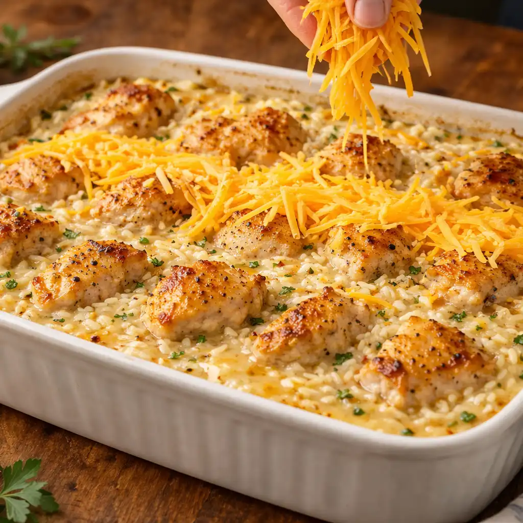 Cheddar cheese being added on top of baked cheesy chicken and rice casserole before melting.