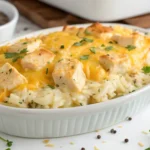 Homemade Cheesy Chicken and Rice Casserole - Golden melted cheese, tender chicken, and creamy rice
