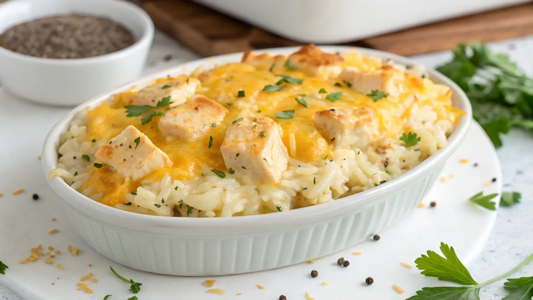 Homemade Cheesy Chicken and Rice Casserole - Golden melted cheese, tender chicken, and creamy rice
