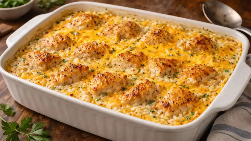 Cheesy chicken and rice casserole resting after baking before serving.