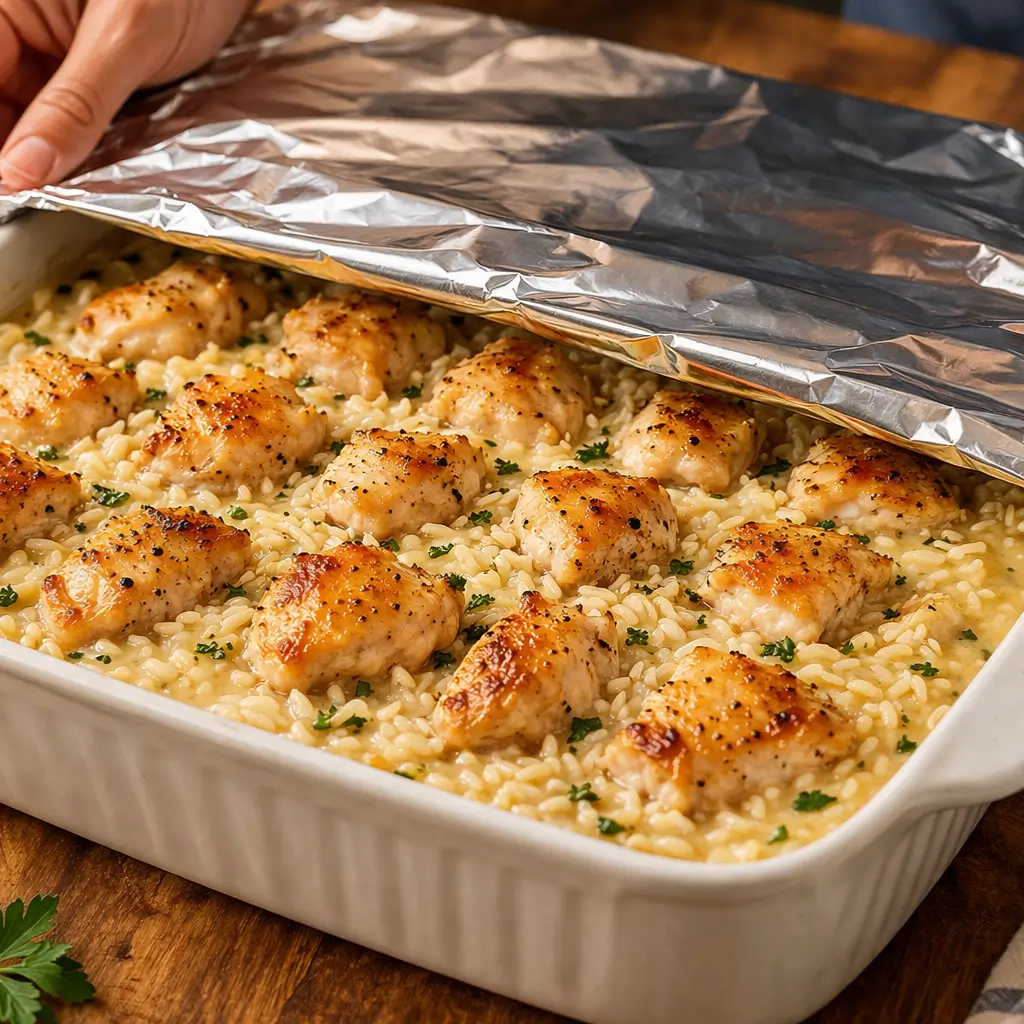 Chicken and rice casserole assembled in a baking dish and covered with foil before baking.