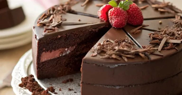 Chocolate Ganache Cake with glossy chocolate coating, sliced to reveal rich layers