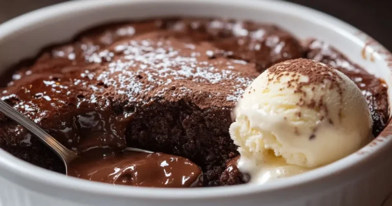 Chocolate Pudding Cake – Rich & Simple A rich and gooey Chocolate Pudding Cake Recipe in a white porcelain dish, with a spoon revealing the warm fudge sauce beneath a moist cake layer