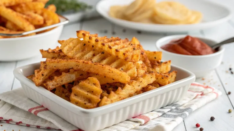 A close-up of homemade crispy Chick-fil-A waffle fries recipe, golden brown and perfectly cooked, served on a white dish with a glossy texture.