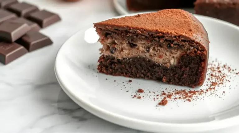 Flourless Chocolate Cloud Cake Recipe Flourless chocolate cloud cake slice dusted with cocoa powder, showcasing its rich, dense texture and layered chocolate elegance, with dark chocolate squares in the background demonstrating the recipe's premium ingredients