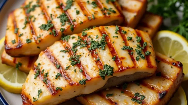 Grilled swordfish steaks with herb garnish, showcasing golden grill marks and fresh lemon, a maritime culinary masterpiece of ocean-fresh seafood