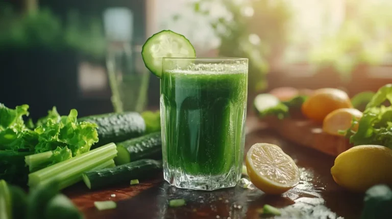 Juice Cleanse Recipes That Work Wonders for Detox & Glow Green detox juice surrounded by fresh ingredients like spinach, celery, cucumber, and lemon, perfect for juice cleanse recipes