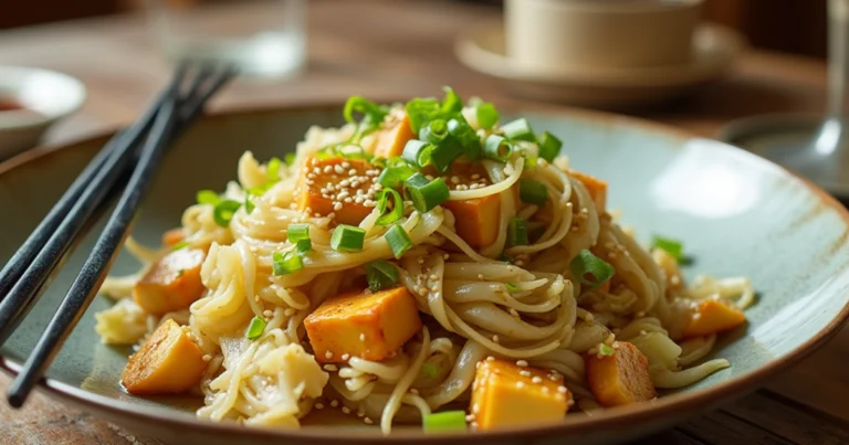 Napa Cabbage Recipes A beautifully plated napa cabbage stir-fry garnished with sesame seeds and green onions, served in an elegant dish with black chopsticks.