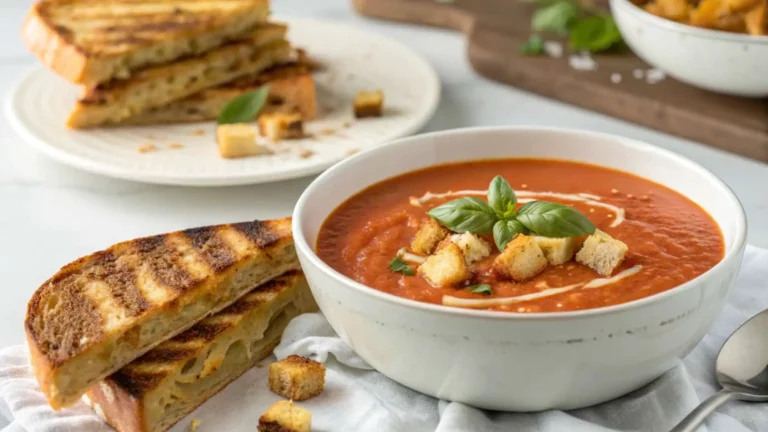 Copycat Panera Tomato Soup Recipe Easy & Delicious Homemade Panera tomato soup served with grilled cheese sandwich on sourdough bread, styled as a cozy, classic comfort meal.
