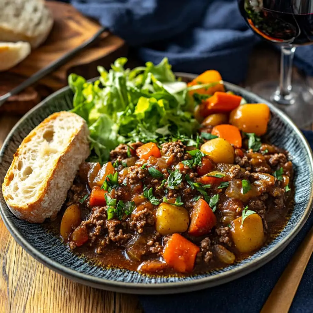 Realistic image of a delicious plate of ground beef crock pot stew served with a side of fresh salad and crusty bread, creating a comforting and well-rounded meal