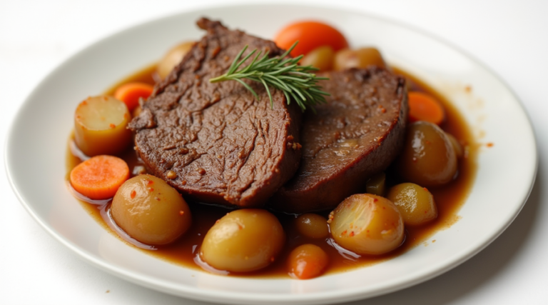 Classic Chuck Roast Recipe - Easy Pot Roast in the Crockpot A close-up, ultra-realistic homemade chuck roast recipe featuring fork-tender beef chuck roast, quartered potatoes, sliced carrots, and celery in a rich, deep brown broth. Served on a white plate with a glossy, slow-cooked texture.