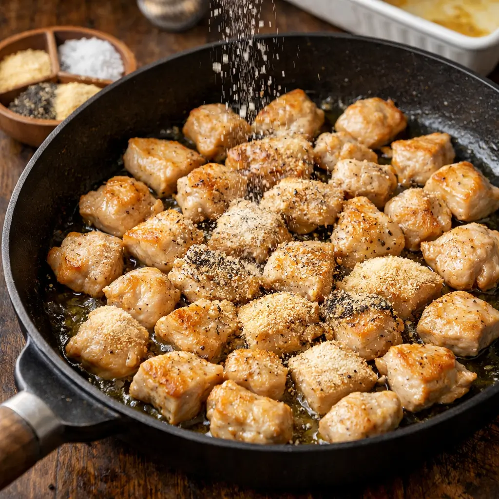 Seasoned bite-sized chicken pieces cooking in a skillet for cheesy chicken and rice casserole.