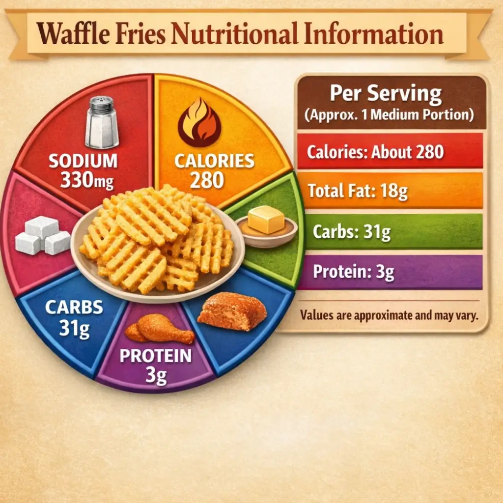 Infographic showing the nutritional information for crispy Chick-fil-A-style waffle fries, including calories, total fat, carbs, protein, and sodium per serving.
