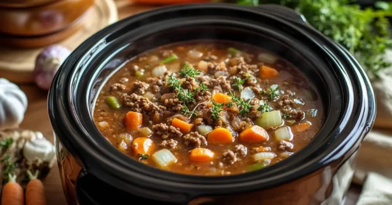 Ground beef crock pot recipes with a hearty stew cooking in a crock pot, featuring vegetables and herbs