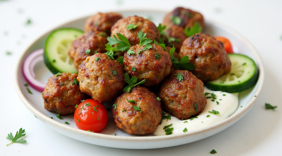 Ground lamb meatballs with garlic and spices, sizzling in a pan for a flavorful ground lamb recipes. meatballs