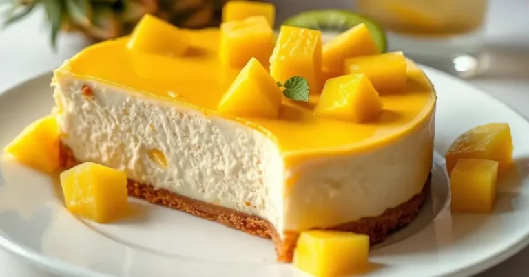 Mango Cheesecake Recipe You'll Love Every Bite Mango cheesecake on a white ceramic plate topped with fresh mango slices, showcasing a smooth creamy filling with natural soft lighting