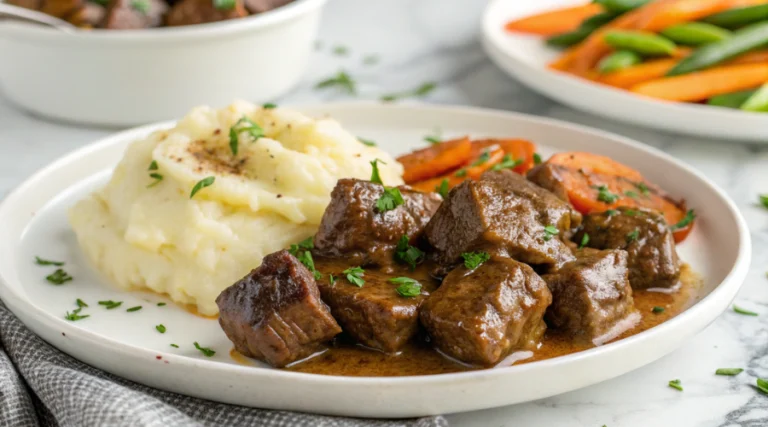 A plate of garlic butter steak bites recipe, seared to perfection, coated in rich butter sauce, and served on a white plate on a white kitchen surface