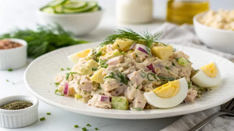 Delicious Tuna Egg Salad Recipe - Quick & Easy Tuna Salad Close-up of a realistic homemade Tuna Egg Salad Recipe on a white plate with fresh ingredients like tuna, eggs, mayonnaise, celery, onion, and dill